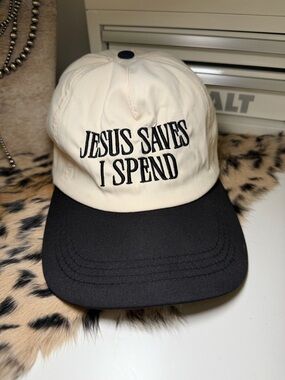 Cream and Black Baseball Cap "JESUS SAVES I SPEND"